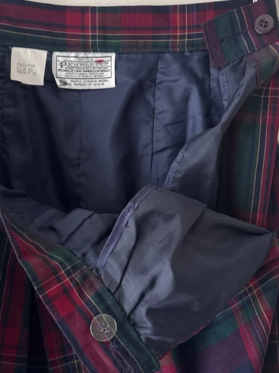 Vintage Pendleton Worsted Wool Plaid Midi Skirt Navy Red Green Pleated Size 10 - Picture 11 of 15